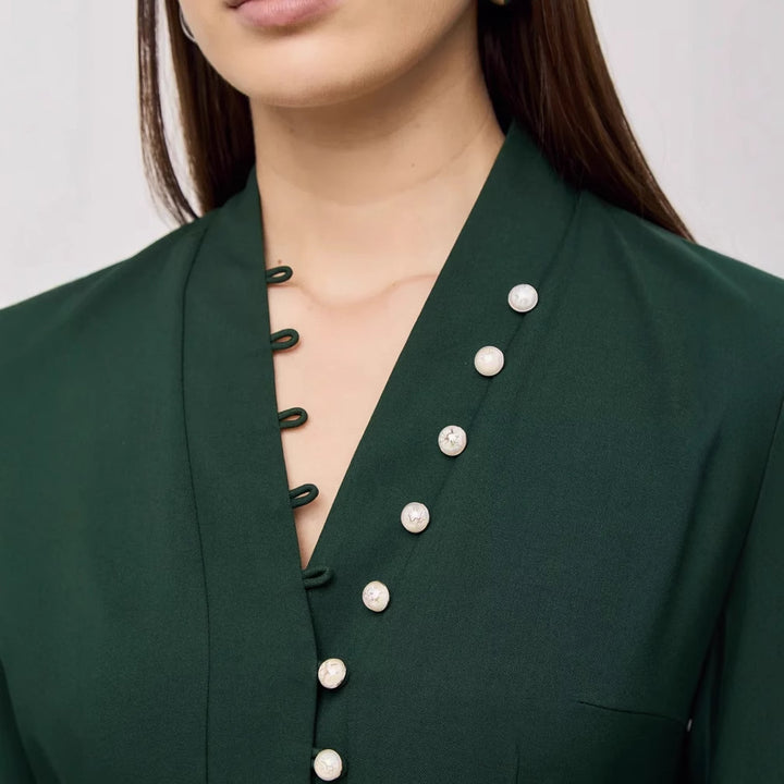 Damen elegantes Kleid mit Puffärmeln und Perlenknopfen Drune