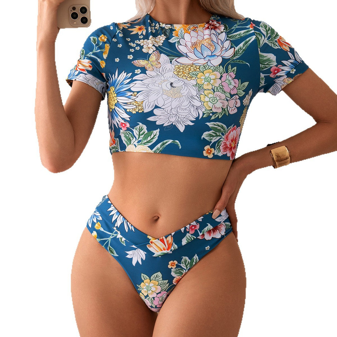 Damen Crop-Top Bade-Set mit floralem Design und hohem Beinausschnitt Drune
