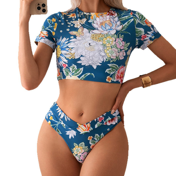 Damen Crop-Top Bade-Set mit floralem Design und hohem Beinausschnitt Drune