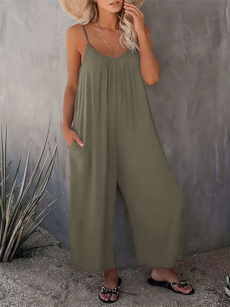 Damen legerer Jumpsuit aus fließendem Stoff mit verstellbaren Trägern und praktischen Taschen Drune