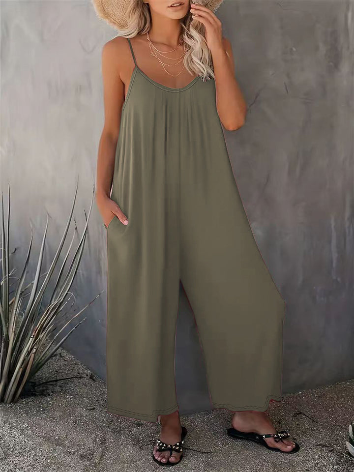 Damen legerer Jumpsuit aus fließendem Stoff mit verstellbaren Trägern und praktischen Taschen Drune