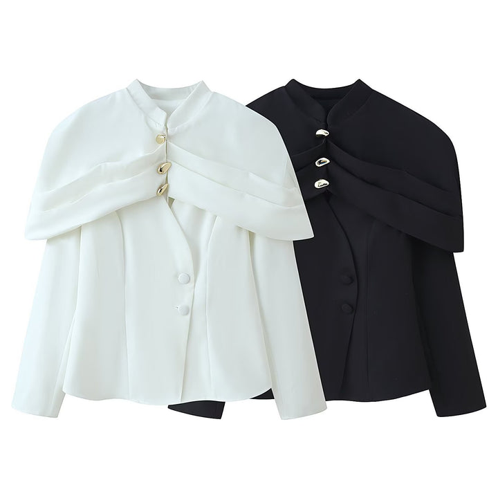 Damen Kurzer Taillierter Blazer mit Cape-Überwurf und Stehkragen Drune