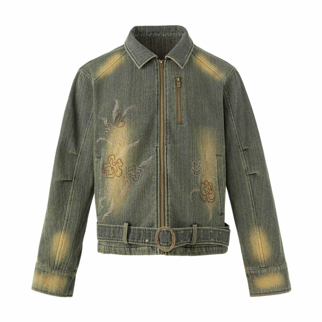 Damen Bestickte kurze Denim-Blousonjacke mit Taillengürtel und Reißverschluss Drune