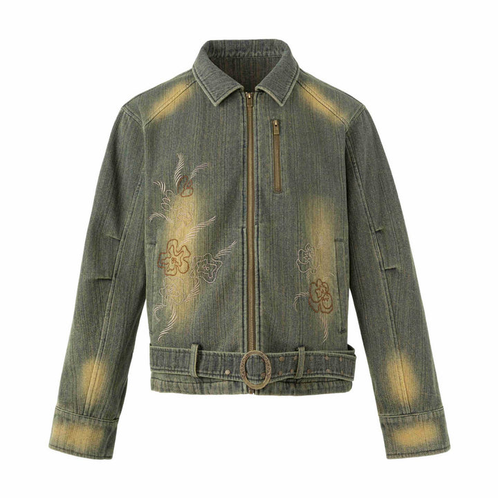 Damen Bestickte kurze Denim-Blousonjacke mit Taillengürtel und Reißverschluss Drune