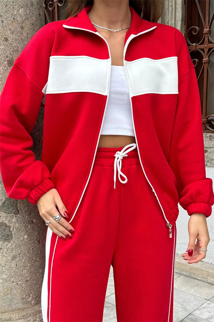 Damen Komfortables Campus-Lounge-Set mit kurzem Reißverschluss-Top und Seitenstreifen-Jogger Drune