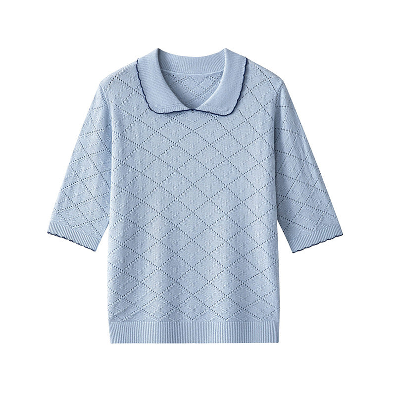 Damen Kurzarm-Feinstrickpullover mit Peter-Pan-Kragen, Ajour-Diamantmuster und feiner Kontrastkante Drune