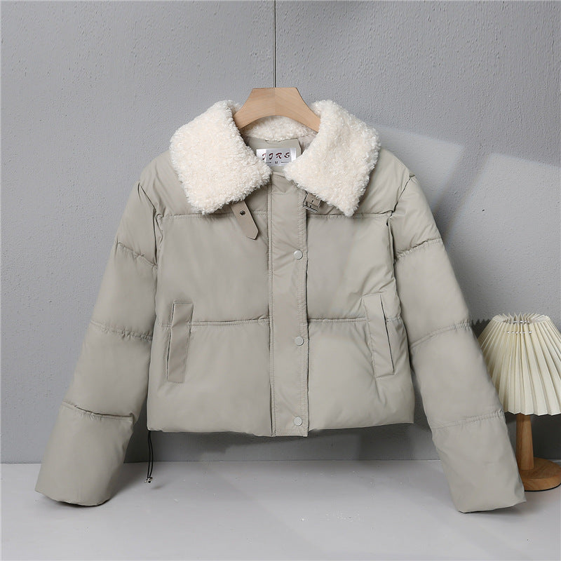 Damen nan kurze gesteppte Winterjacke mit breitem Teddykragen und Kordelzug Drune