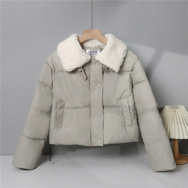 Damen nan kurze gesteppte Winterjacke mit breitem Teddykragen und Kordelzug Drune