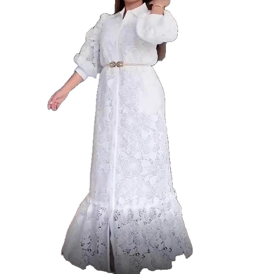 Damen nan Maxikleid aus Häkelspitze mit Hemdkragen und Puffärmeln Drune