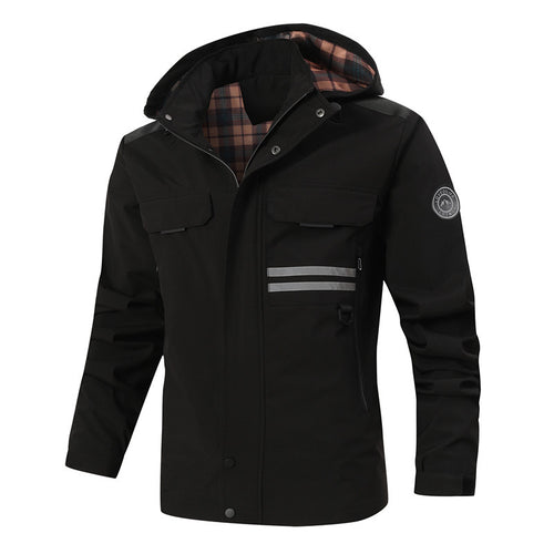 Herren Wasserdichte Fieldjacke mit Kapuze, reflektierenden Streifen und kariertem Innenfutter Drune