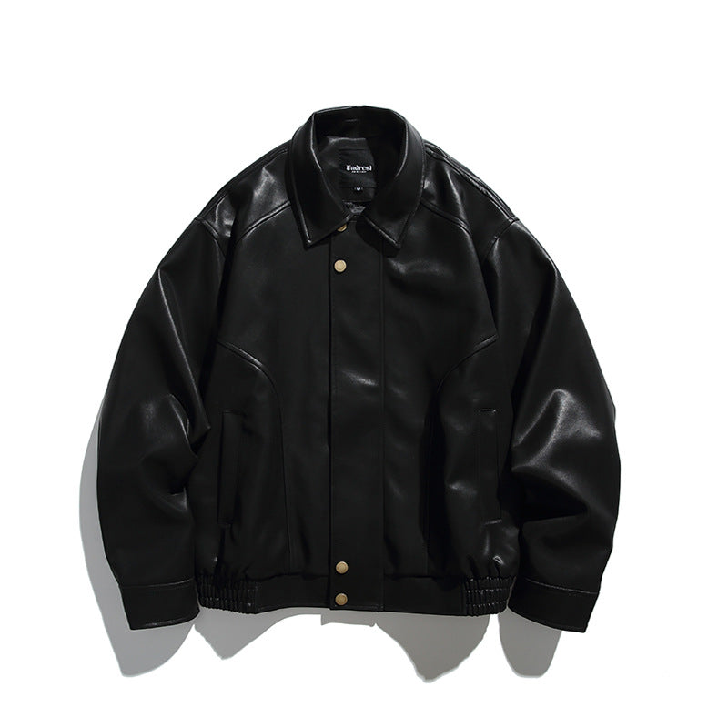 Herren Boxy-Lederimitat-Bomberjacke mit verdeckter Druckknopfleiste, elastischem Saum und aufgesetzten Eingrifftaschen Drune