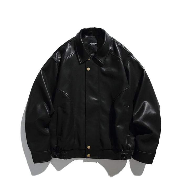 Herren Boxy-Lederimitat-Bomberjacke mit verdeckter Druckknopfleiste, elastischem Saum und aufgesetzten Eingrifftaschen Drune