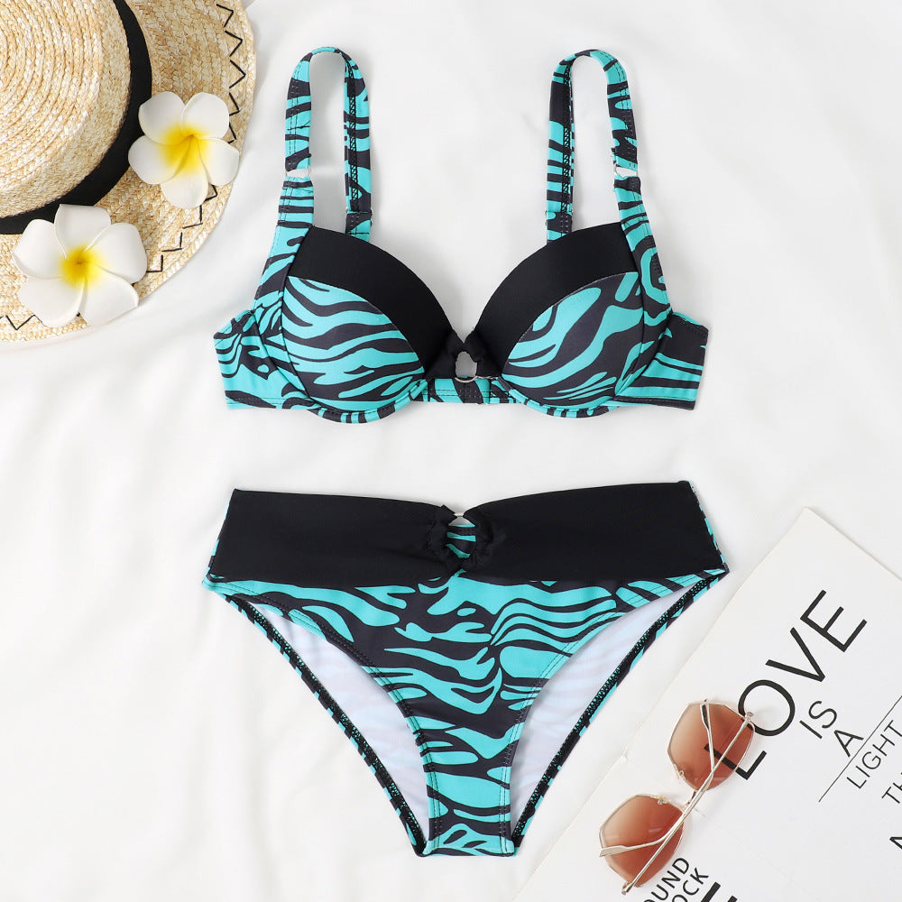 Damen Bikini-Set mit modernem Tierdruck und formendem Push-Up-Oberteil Drune