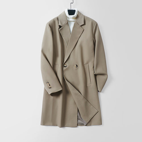 Herren Longline-Mantel im minimalistischen Schnitt mit Schalkragen und zweireihiger Knopfleiste Drune