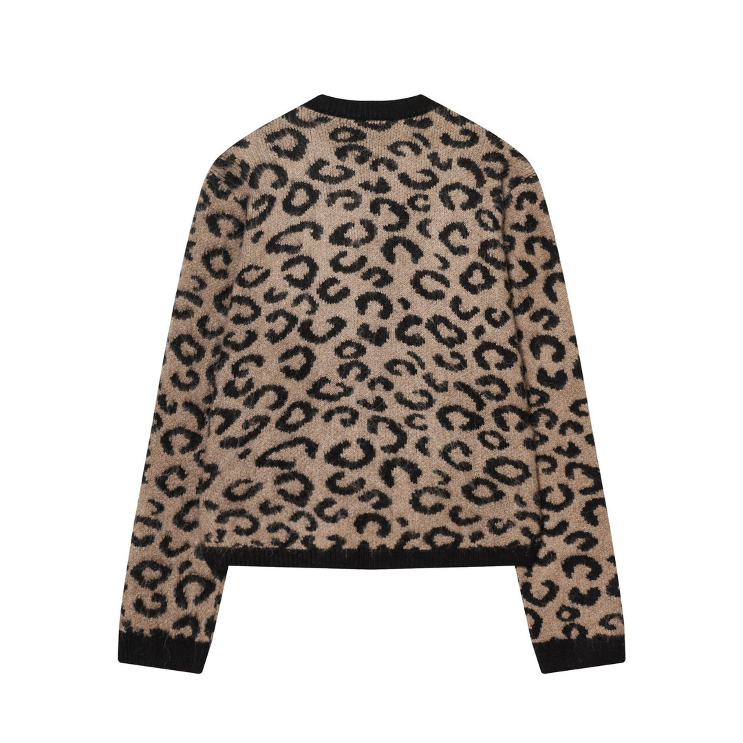Damen nan kuschelige Leopard-Muster Strickjacke mit offener Front, Rippbündchen und weichem Mohair-Effekt Drune