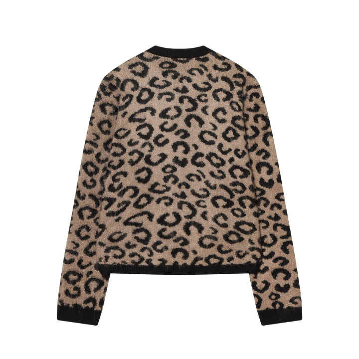 Damen nan kuschelige Leopard-Muster Strickjacke mit offener Front, Rippbündchen und weichem Mohair-Effekt Drune