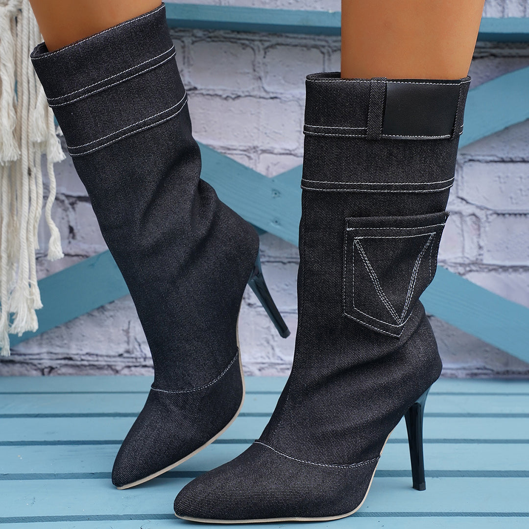 Damen Overknee-Stiefel aus hochwertigem Denim mit elegantem Absatz Drune
