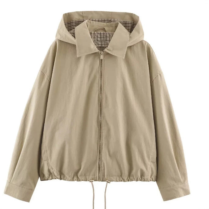 Damen Leichte Kapuzenjacke im Boxy‑Schnitt mit Kordelzug und Karofutter Drune