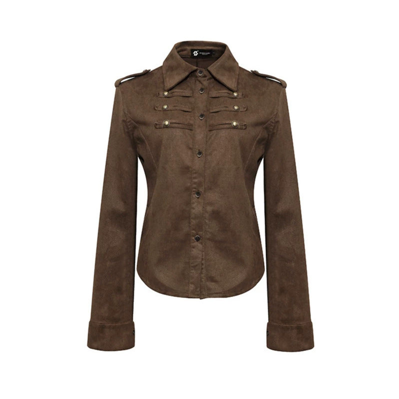 Damen Militärische Velours‑Optik Jacke mit Schulterklappen und Zierriegeln Drune