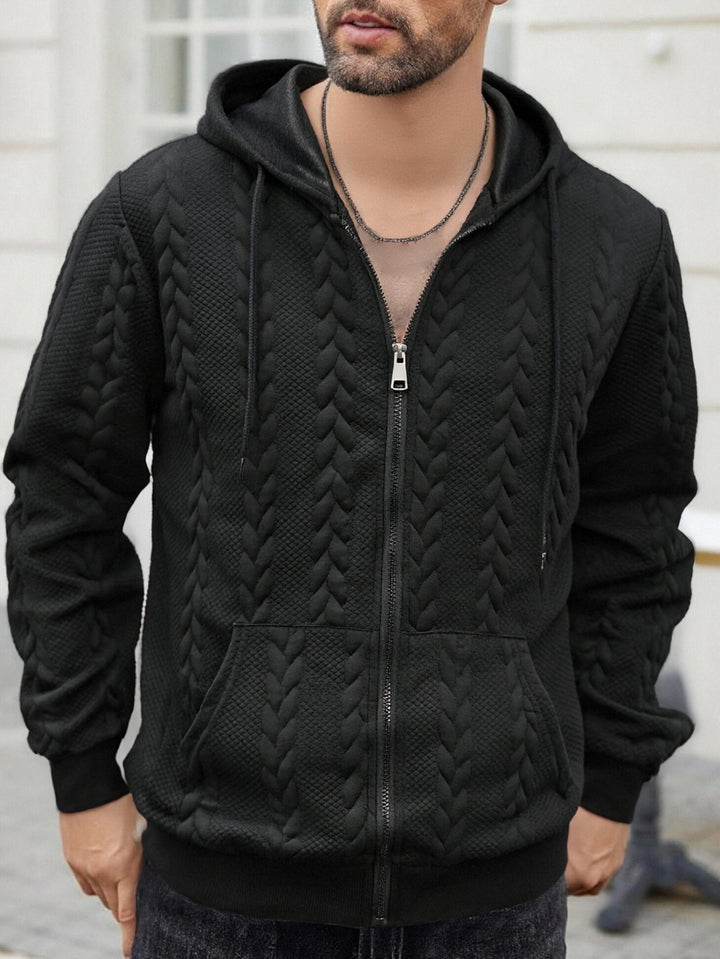 Herren strukturierte Kapuzen-Sweatjacke mit Zopfmuster, durchgehendem Reißverschluss und Kängurutasche Drune