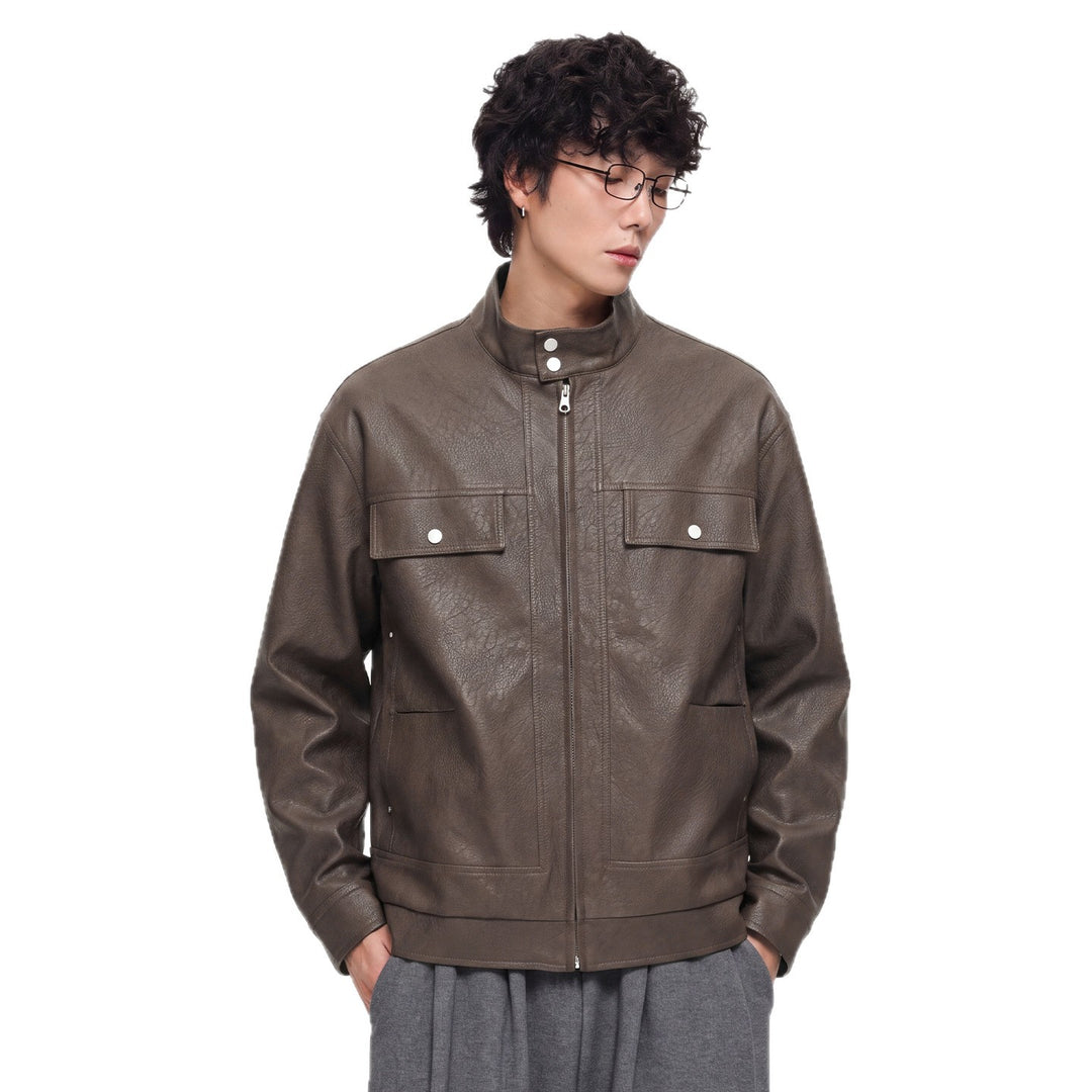 Herren Lederjacke im Fieldstil mit Stehkragen, Brustklappen und Reißverschluss Drune