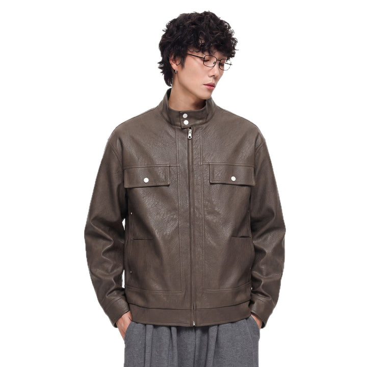 Herren Lederjacke im Fieldstil mit Stehkragen, Brustklappen und Reißverschluss Drune