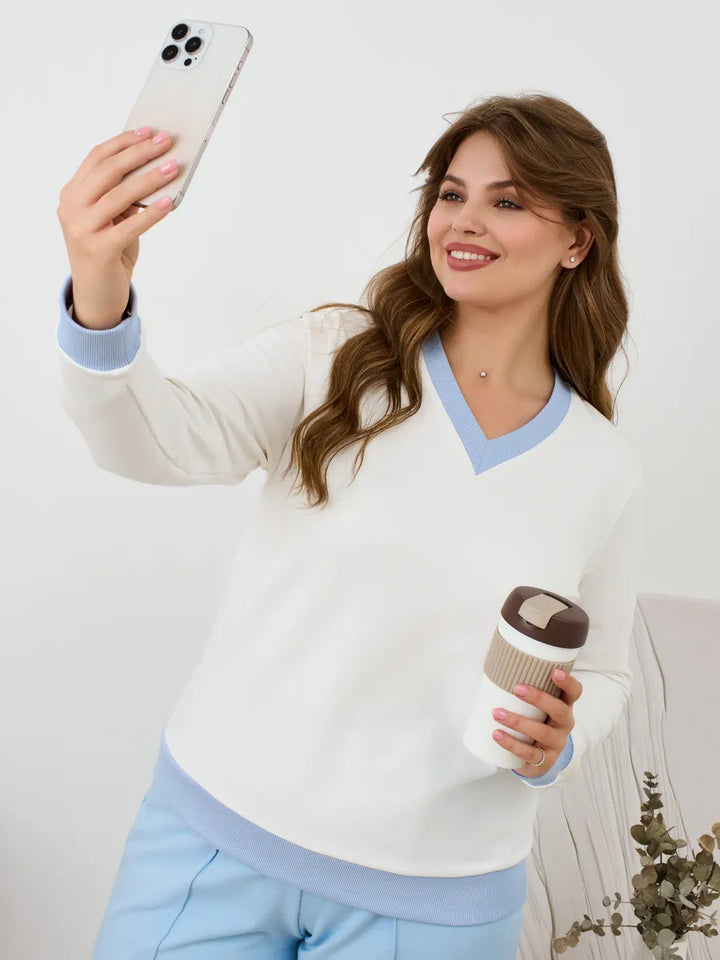 Damen lässiger V-Ausschnitt Pullover mit modernen Rippdetail Drune