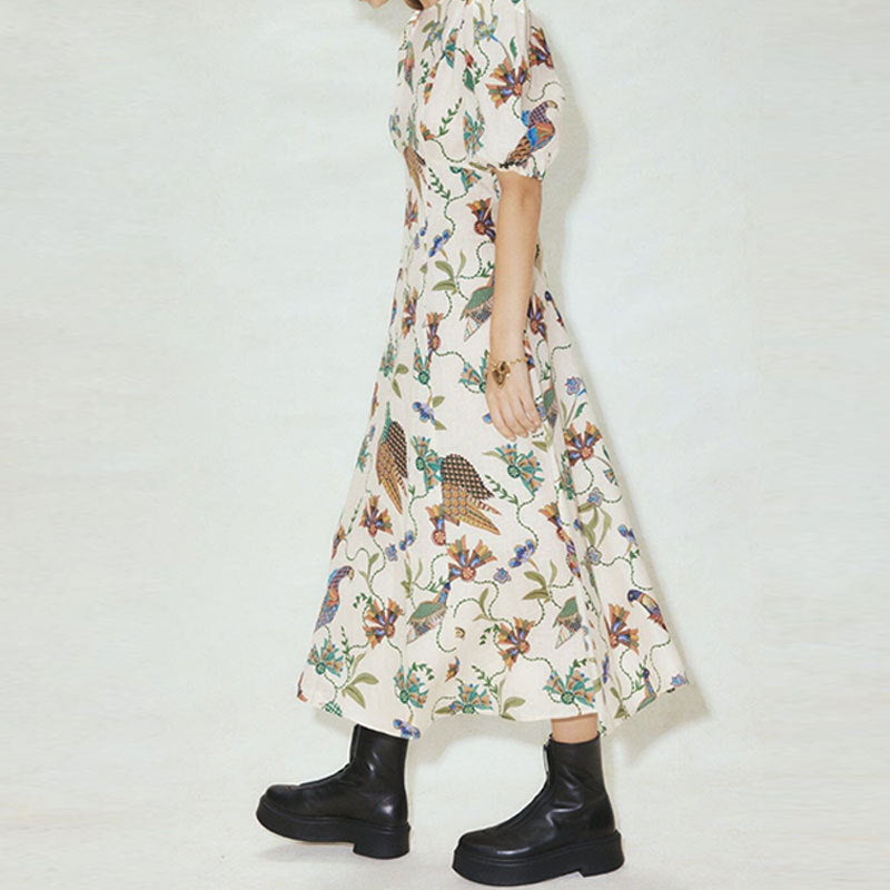 Damen Maxikleid mit kunstvollem Blumenmuster und voluminösen Ärmeln Drune