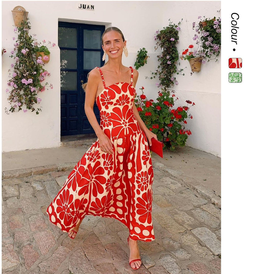 Damen Midi-Kleid mit floralem Print und Spaghetti-Trägern Drune