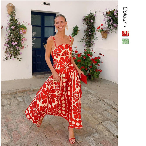 Damen Midi-Kleid mit floralem Print und Spaghetti-Trägern Drune