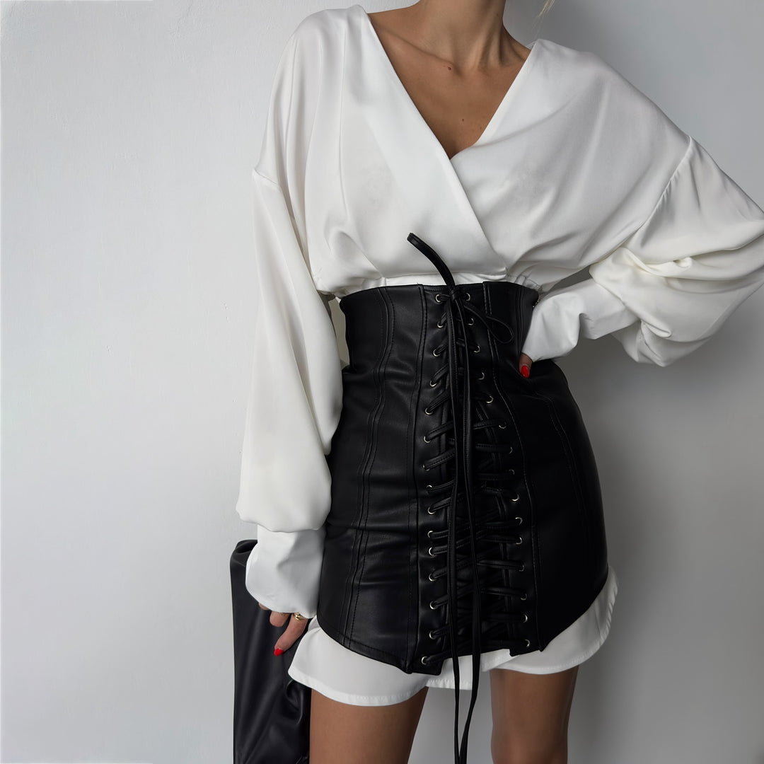 Damen Elegantes Blusen-Oberteil mit Schnürung und Ballonärmeln Drune