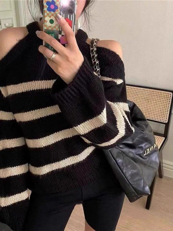 Damen Oversized Pullover mit offenem Schulterdesign und Streifenmuster Drune