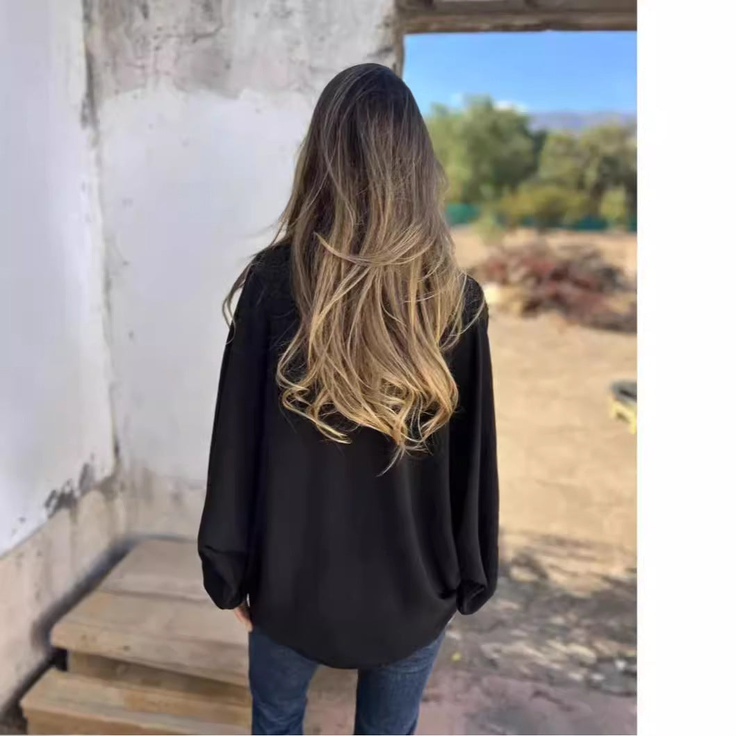 Damen Locker geschnittene Viskose-Hemdbluse mit Oversize-Schnitt und Ballonärmeln Drune