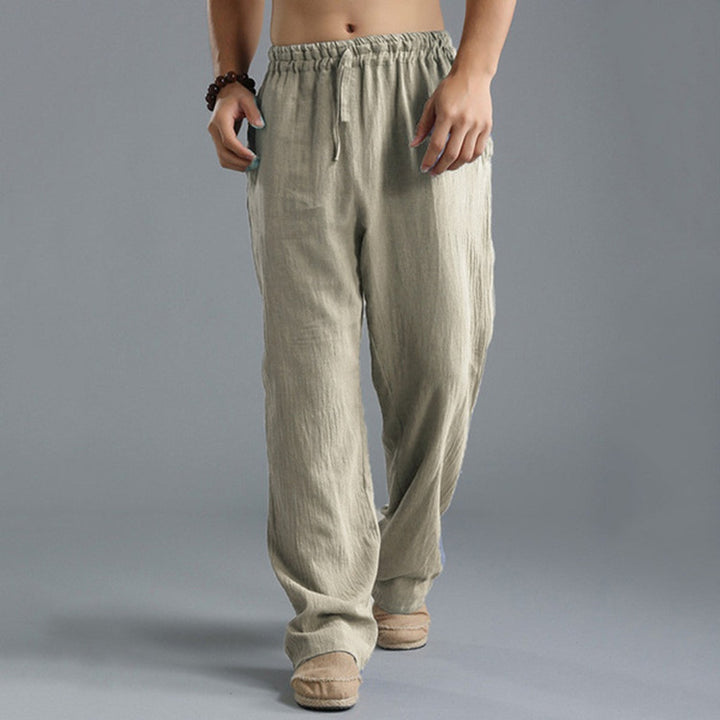 Herren nan lässige Leinenhose mit elastischem Bund, Kordelzug und geradem Bein Drune