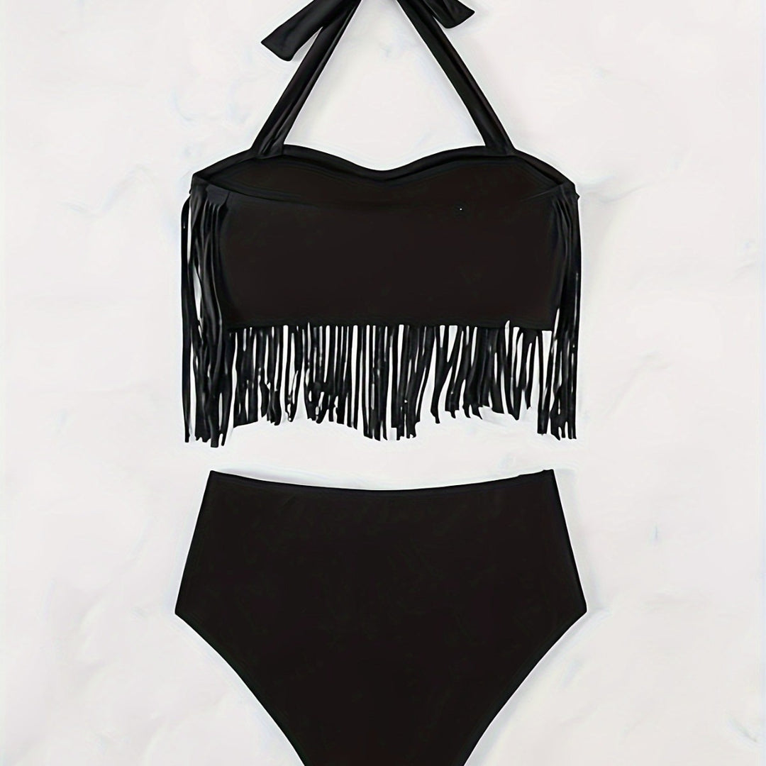 Damen Bikiniset mit fransigem Oberteil und hoch taillierter Hose Drune