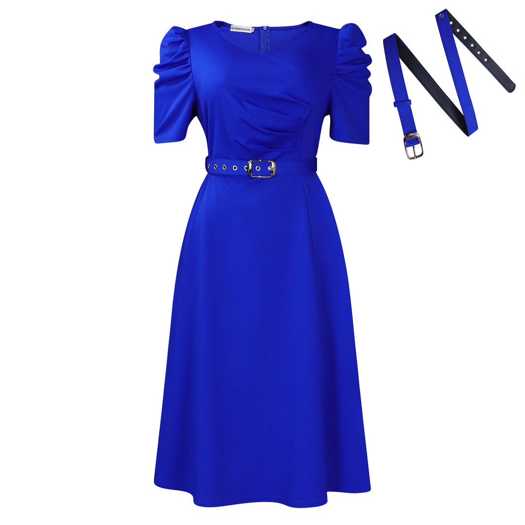 Damen Midi-Kleid mit eleganten Puffärmeln und tailliertem Gürtel Drune