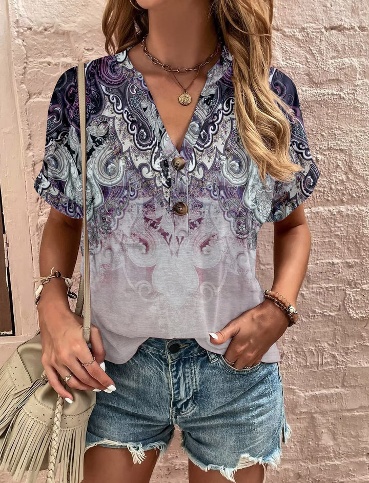 Damen Lässiges Kurzärmliges Blusenshirt mit Verspieltem Paisleymuster und Modernen Knopfdetails Drune
