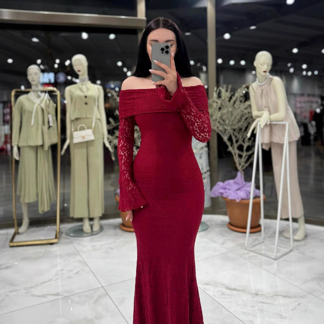 Damen Elegantes Spitzenkleid mit Off-Shoulder Design und Schößchen Drune