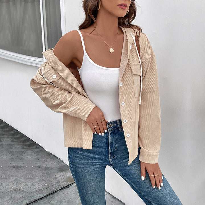 Damen Cordjacke mit Kapuze und Knopfdetails Drune