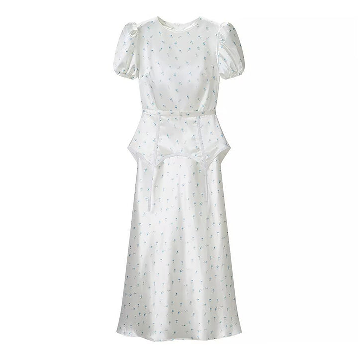 Damen Midikleid aus Satin mit Puffärmeln, integrierter Korsagen-Peplum und zartem Blumenprint Drune