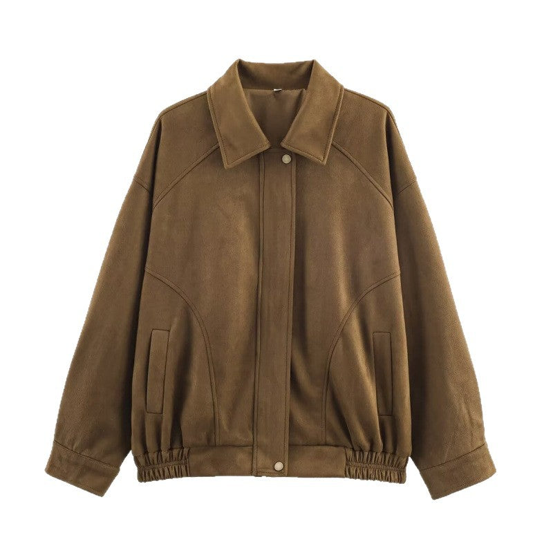 Damen Modische Kunstlederjacke mit elastischem Bund und Eingrifftaschen Drune
