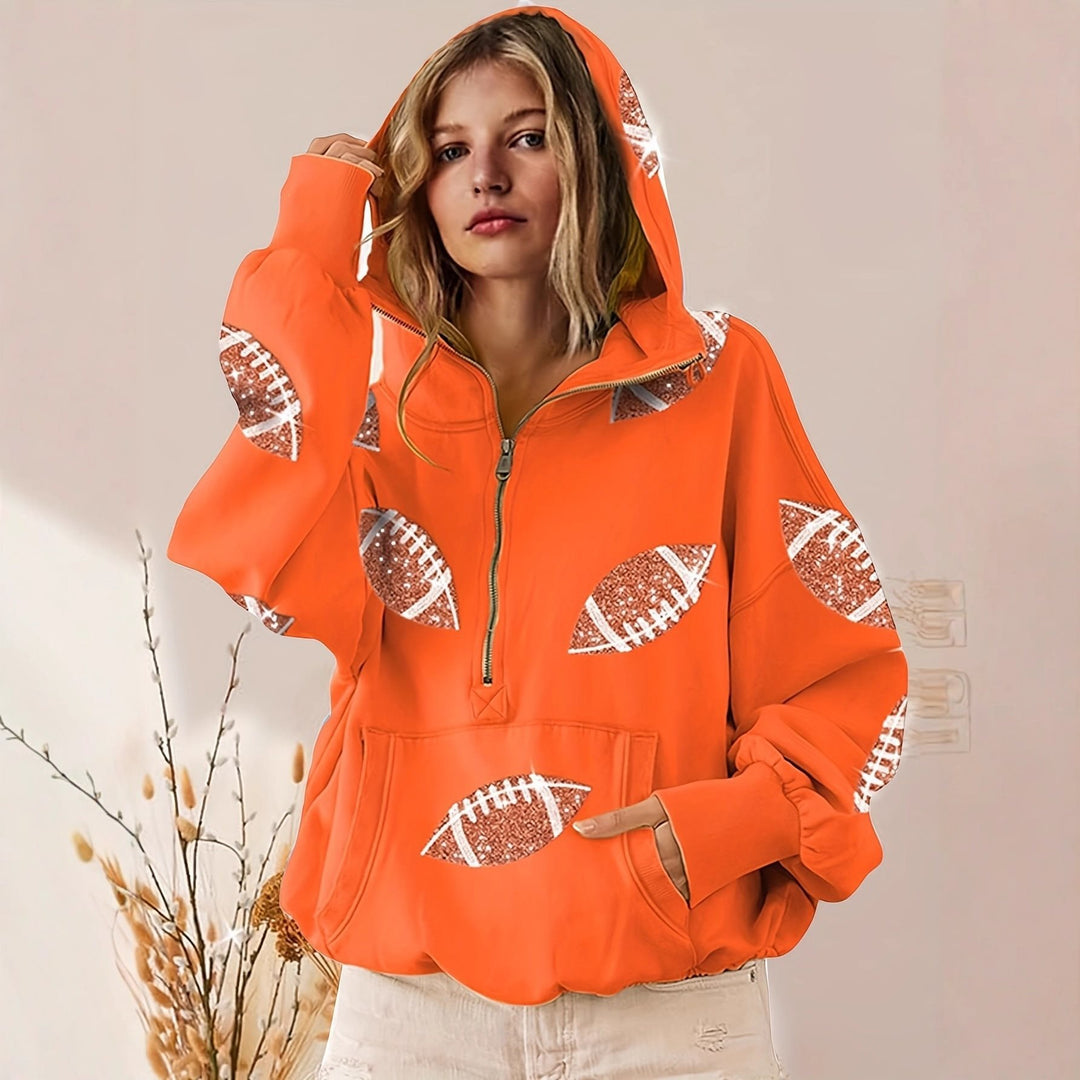 Damen Oversized Kapuzenpullover mit halbem Reißverschluss und Pailletten‑Football-Applikation Drune