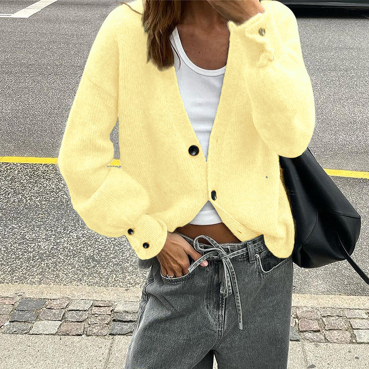 Damen nan lässige Strickjacke mit tiefem V-Ausschnitt, aufgesetzten Knopfleisten und Ballonärmeln Drune