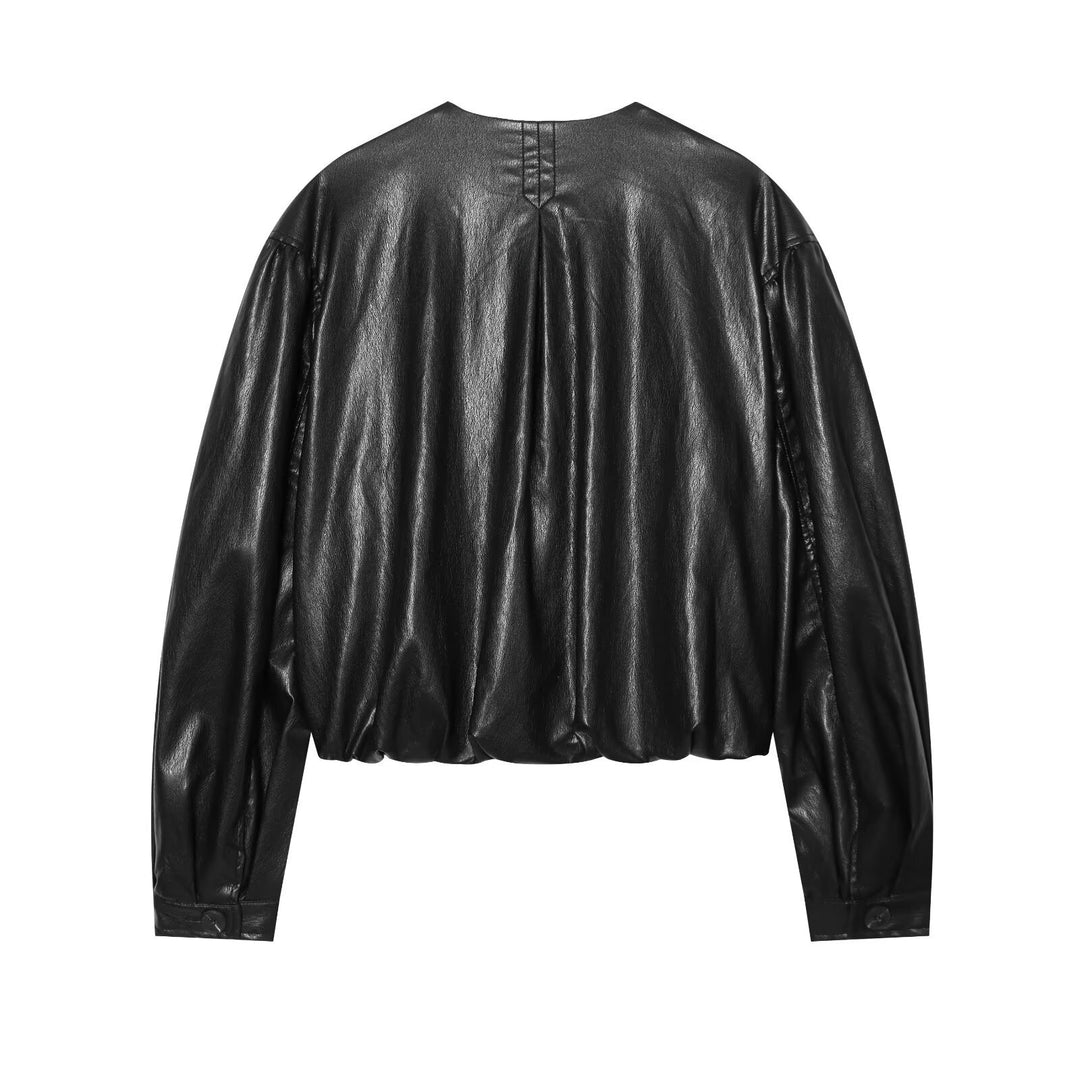 Damen Kurzblouson in Lederoptik mit Rundhals, verdeckter Druckknopf‑Leiste und Ballonärmeln Drune