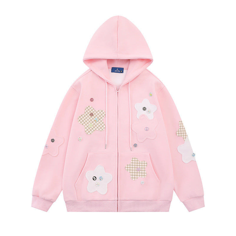 Damen Oversize-Zip-Hoodie mit floralen Stern-Applikationen und Knopf-Details Drune