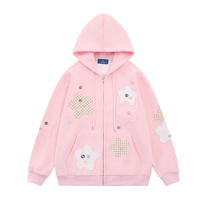 Damen Oversize-Zip-Hoodie mit floralen Stern-Applikationen und Knopf-Details Drune