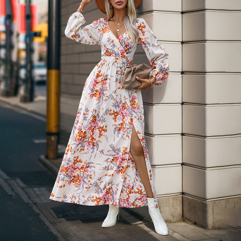 Damen Floral Maxikleid mit V-Ausschnitt und Rüschendetails Drune