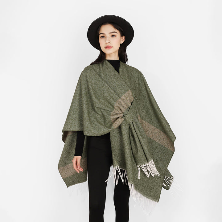 Damen Wollmix-Capeponcho mit Bindeschlaufen, weichgewebtem Oversize-Überwurf und Fransensaum Drune