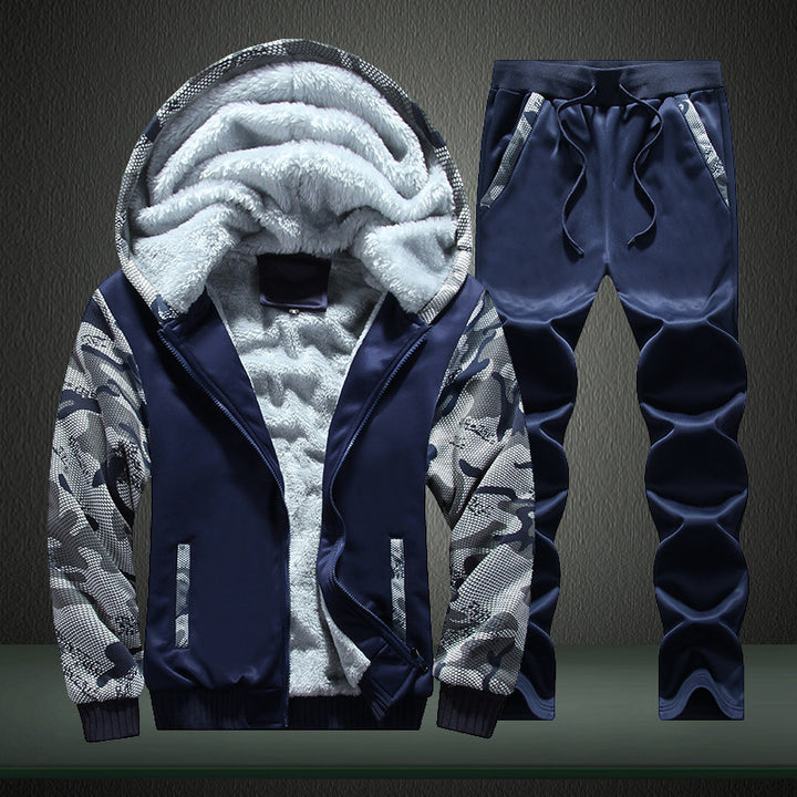 Herren Fleecegefüttertes Freizeit-Trainingsanzug-Set mit Kapuzenjacke und Camouflage-Ärmeln Drune