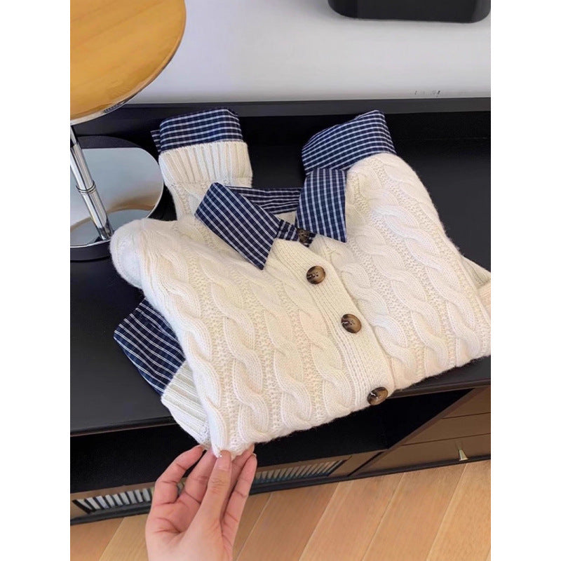 Damen Strickjacke mit Karostoffkragen und Knopfdetails Drune